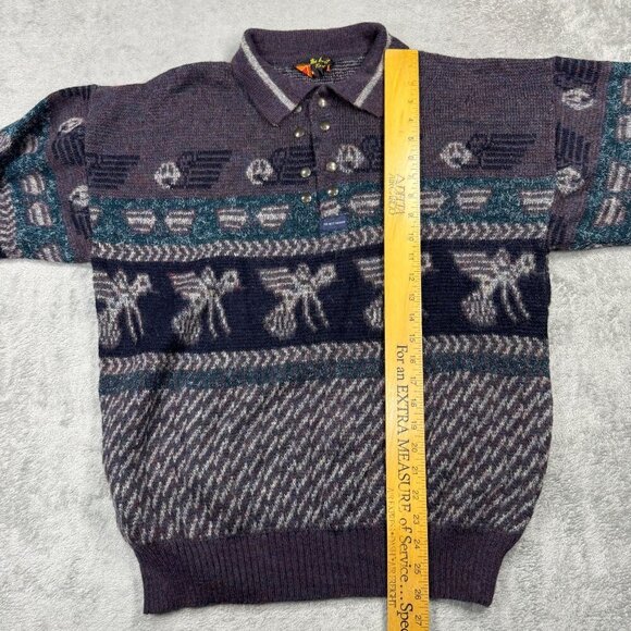 Vintage 90s Wool Mohair Blend Aztec Henley Sweater AOP Purple Italy Retro - Picture 7 of 9